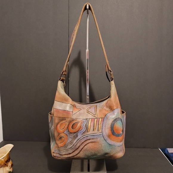 Anushka Hand Painted Leather Hobo Shoulder Bag Geometric Shapes - Picture 5 of 15